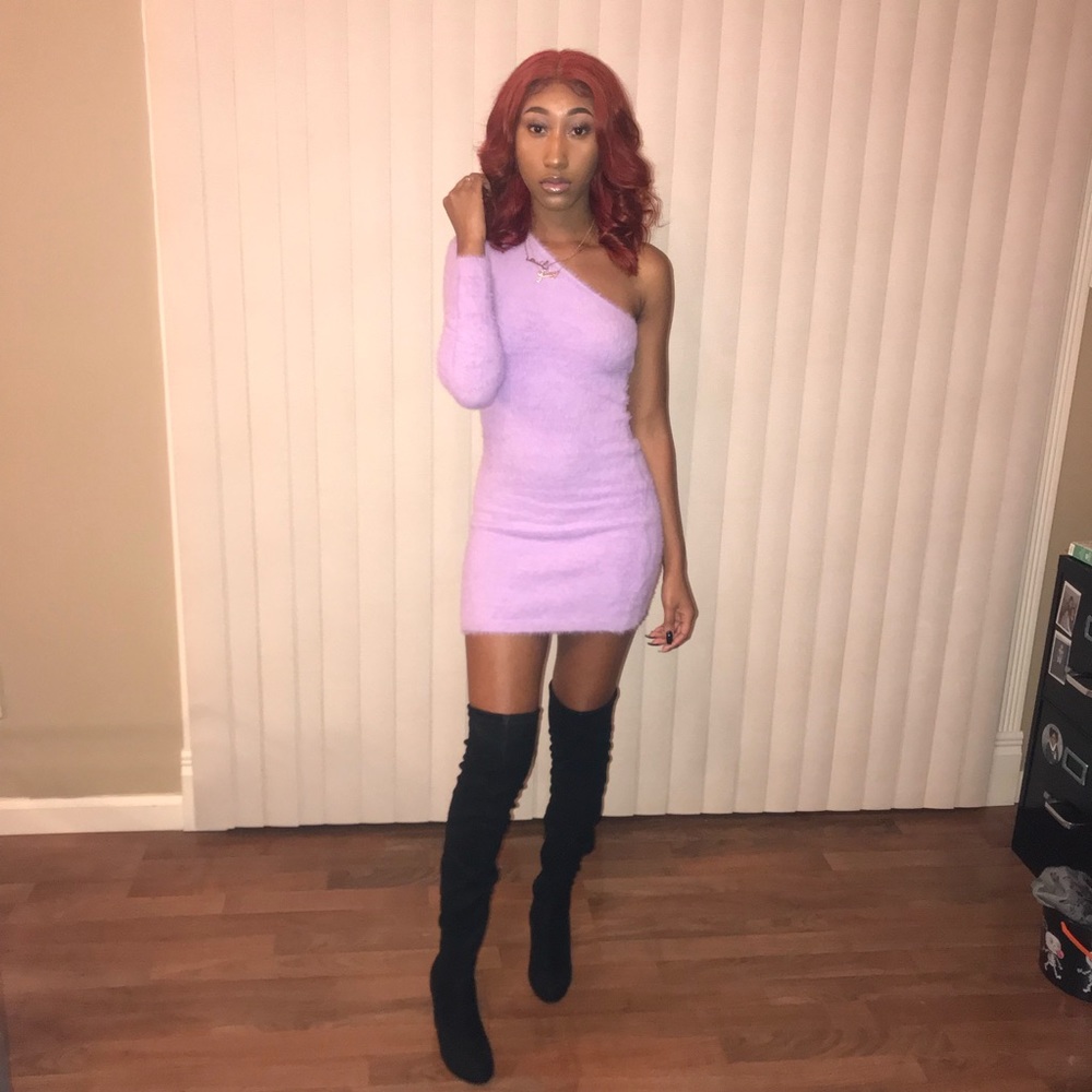 fuzzy purple one shoulder dress (fashion nova)